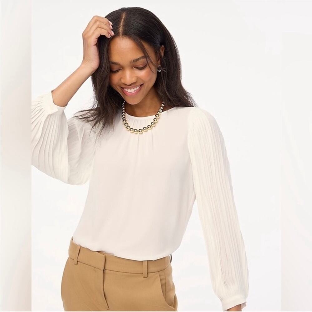 J.Crew Pleated-Sleeve Top White Large NWT